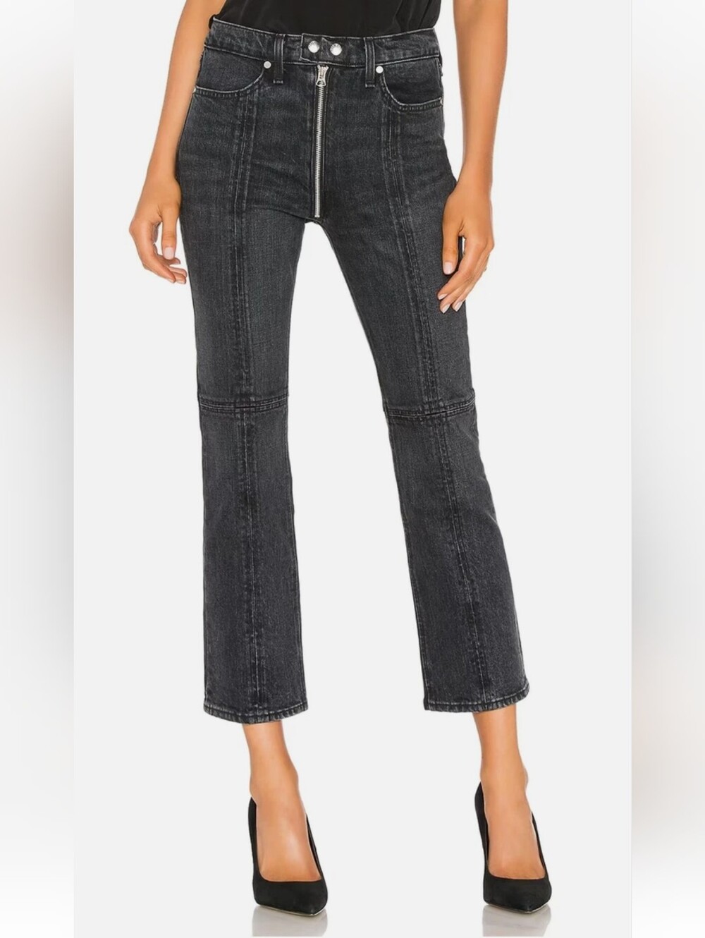rag & bone Iver Black Bain Jeans Size 29 Moto Zip Detail Cropped